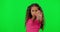 Stop hand, child portrait and green screen with anger and no emoji sign. Children, open palm and protest feeling upset