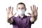 Stop the infection. Photo of man wear protective mask against infectious diseases and flu