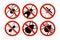 Stop insects. Tick, bugs and mosquito silhouettes. Warning prohibited sign, anti insect vector icons