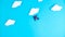 Stop motion animation. Blue little plane flying against the background of clouds blue sky. Airplane, Travel, air
