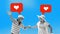 Stop motion, animation. Senior man and woman dancing over blue background with social media like icons above. Concept of