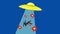 Stop motion. Animation. Young man falling down from UFO with social media likes isolated over blue background