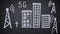 Stop motion dangerous 5G towers drawn on chalkboard bringing death to people