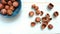 Stop motion nuts hazelnuts on wooden background