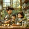 Stop-motion scene of family preparing feast for cozy Easter celebration.