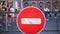 Stop, no entry. stop sign. red brick. Stop road sign. Do Not enter sign. close-up. no traffic sign in front of walking