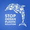 Stop ocean plastic pollution. Ecological poster. Dolphin composed of white plastic waste bag, bottle on blue background