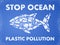 Stop ocean plastic pollution. Ecological poster Fish composed of white plastic waste bag, bottle on blue background