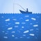 Stop ocean plastic pollution. Ecological poster. Fisherman fishing. There are plastic garbage, bottle on blue background in the