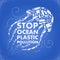 Stop ocean plastic pollution. Ecological poster Jellyfish composed of white plastic waste bag, bottle on blue background. Plastic