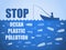 Stop ocean plastic pollution. Ecological poster with text. Fisherman fishing. There are plastic garbage, bottle on blue background