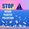 Stop ocean plastic pollution. Ecological poster with text. Sunset, sunrise, boat and garbage. Contrast. There are plastic garbage