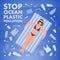 Stop ocean plastic pollution. Ecological poster. Woman on inflatable air mattress and text. There are plastic garbage, bottle, bag