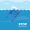 Stop plastic pollution banner with polyethylene bag floating in blue water.