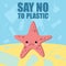 Stop plastic pollution banner. Vector image of cartoon style with sad crying starfish. Ecology concept illustration. Say