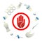 Stop plastic pollution, decomposition, trash. Negative concept template set with plastic around. Stop sign, red hand. No