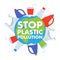 Stop plastic pollution poster with earth globe and plastic trash.