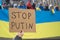 Stop Putin sign with Ukrainian flag in Toronto, Ontario