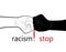 Stop racism concept, two hands black and white and blood drop in the middle with text stop racism, minimalist poster,