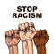 Stop racism. Three hands, clenched into a fist, of different skin colors. International Day for the Elimination of Racial
