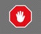 Stop road sign with hand gesture. New red do not enter traffic sign. Caution ban symbol direction sign. Warning stop signs.