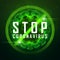 Stop Sign on Coronavirus cell structure on green background