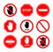 Stop sign. Icon of ban to enter. Red symbol with stop, hand for restricted of traffic. Logo of danger, forbid and attention.