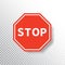 Stop sign isolated on transparent background. Red road sign. Traffic regulatory warning stop symbol. Notify drivers