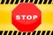 Stop sign template with yellow caution police line background