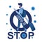 Stop- sign with virus covid-19, pandemic. Ban on flights, travels and movements. Global viral infection