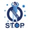Stop- sign with virus covid-19, pandemic. Global viral infection. Health care concept. Unhappy sick female character