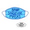 Stop single-use masks hand drawn inscription. Vector Blue Mask with handwriting isolated on white background