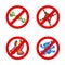 Stop spread virus symbol set. Cartoon germ characters prohobition vector illustration on white background. Microorganism