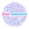 Stop terrorism concept in circle with thin line icons: terrorist, civil disorder, national army, hostage, bombs, cyber attacks,