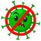 Stop the virus, a green microbe behind a red sign on a white.