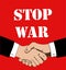 Stop war baner illustration with handshake hands on red color background