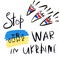 Stop war in Ukraine- russian rockets and ukrainian kids, with text and flags isolated on white, war