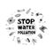 Stop water pollution modern frame on white background with garbage