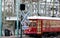 Stoped at the crossing railroad as a streetcar passed, New Orleans, Louisiana