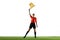 Stopping game. Young woman, soccer referee raising flag up meaning ball is out-of-play and game need restart against