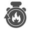 Stopwatch in fire solid icon. Firefighting time is running out glyph style pictogram on white background. Timer with