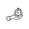 Stopwatch in hand linear style. Sport timer on competitions line icon. vector Illustration Trainer holding stopwatch