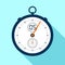 Stopwatch icon in flat style, round timer on color background. Sport clock. Chronometer. Time tool. Vector design element for you