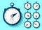 Stopwatch icon set in flat style, round timer on color background. Sport clock. Time tool. Vector design element for you business