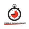 Stopwatch icon with text Time Is Running Out and red pie chart. Clock counter. Faster timer vector illustration