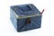 Storage box with weaving supplies: sewing thread, scissors, a spools of thread and needles, accessories for sewing isolated on whi