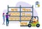 Storage boxes in warehouse store. Distribution and Delivery Storage concept. Man and woman are checking list, forklift driver