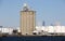 Storage elevator at Bayonne industrial waterfront, view from Snug Harbor across Kill Van Kull strait, Bayonne, NJ