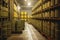 storage facility, with barrels of radioactive waste stacked on metal racks