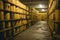 storage facility, with barrels of radioactive waste stacked on metal racks